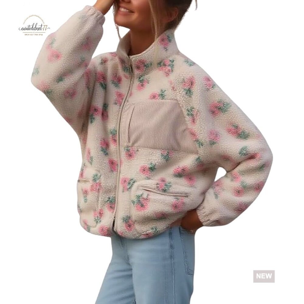 Oversized Faux Fur Sherpa Jacket, Fleece Zip Up, Floral Print, Winter Casual